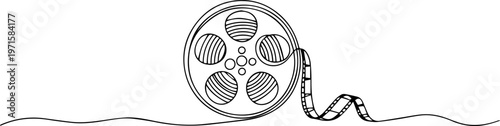 film reel and film strip continuous one line drawing, Continuous one line drawing cinema film strip. Vintage cinema element isolated on a white background. Vector illustration, One continuous line