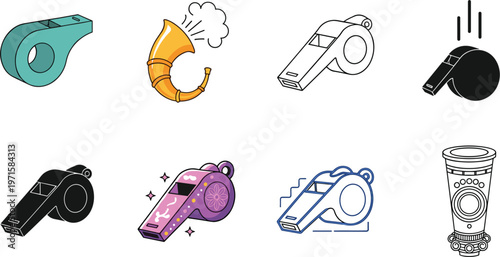Whistle Icon Collection in Flat, Outline, and Decorative Styles with Sports Referee, Emergency Signal, and Sound Alert Concepts