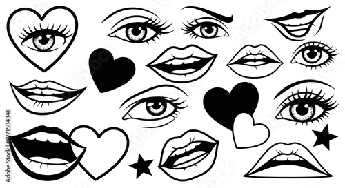 Collection of Various Black and White Eyes, Lips, and Hearts Illustrating Emotions on Isolated White Background