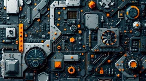 Futuristic mechanical panel with circuits, gauges, and cooling fan

