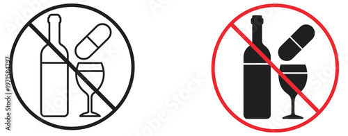 No drugs and no alcohol icon vector graphic illustration, prohibition sign symbols set, flat handmade fill icons with white background, anti substance and alcohol restriction concept, health safety 