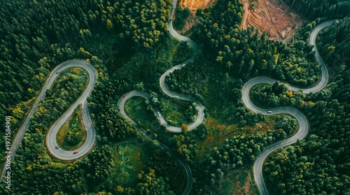 Aerial View of Winding Mountain Road Through Dense Green Forest

