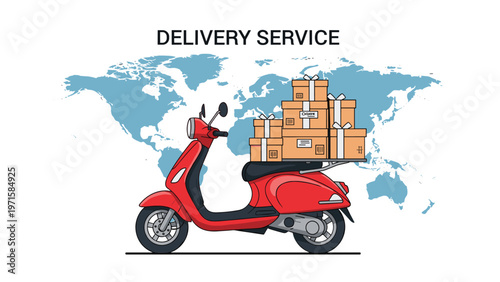 Global delivery service illustration with a red scooter carrying a tall stack of cardboard boxes against a blue world map background image.