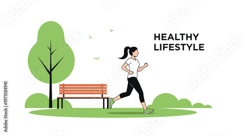 Young woman jogging through a green park with a bench and trees under a clear sky as part of a healthy lifestyle and daily fitness routine.