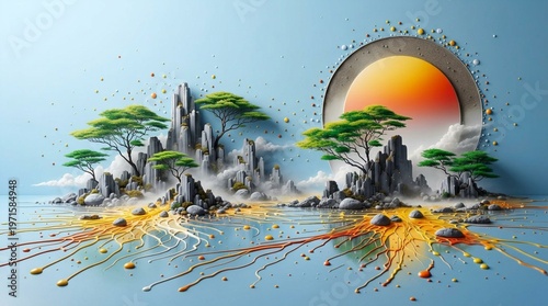 Surreal Island Landscape With Golden Lines and Floating Sunset Disc

