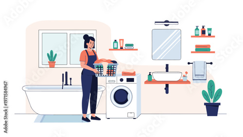 Woman performing household chores by doing laundry in a modern bathroom with a bathtub, washing machine, and various beauty products on shelves.