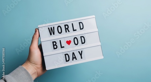 Hand holding lightbox sign for world blood day on blue background