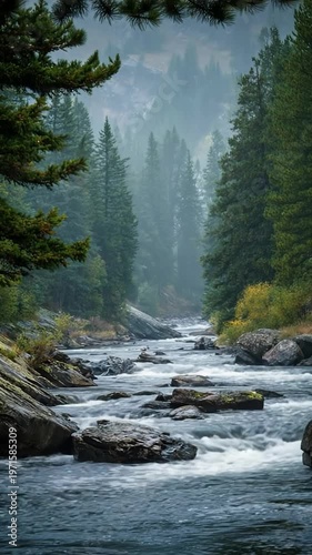 A misty mountain river winds through a pine forest; cool water slides over rocks while tall evergreens rise along the banks, creating a quiet, meditative wilderness scene with misty light.