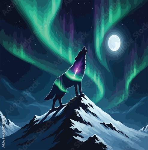 WebMajestic wolf howling on a snowy mountain peak under a vibrant aurora borealis sky with a full moon creates a mystical digital art illustration of wilderness nature and spiritual energy