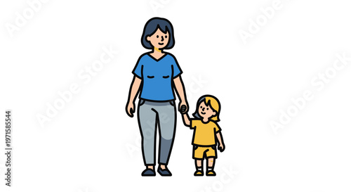 Single parent and child walking together hand in hand in casual outdoor setting