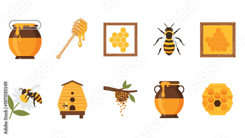 Comprehensive collection of honey and beekeeping icons including jars, dippers, hives, bees, and honeycomb patterns in a flat vector style.