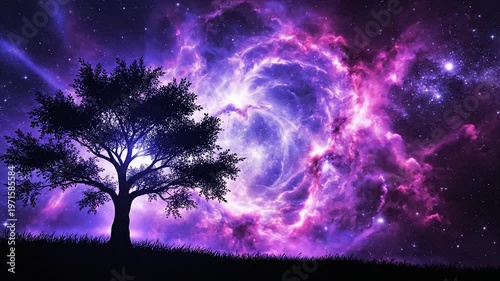 Tree silhouette against vibrant galaxy background.