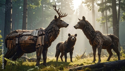 Wooden Animals in Forest - A Serene Encounter with Nature.