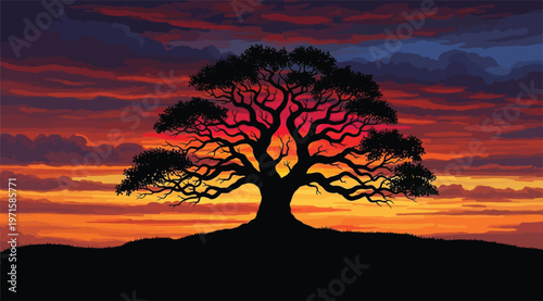 Majestic silhouette of a spreading oak tree on a hill against a vibrant fiery sunset sky with dramatic orange and purple clouds creates a peaceful nature landscape digital art illustration