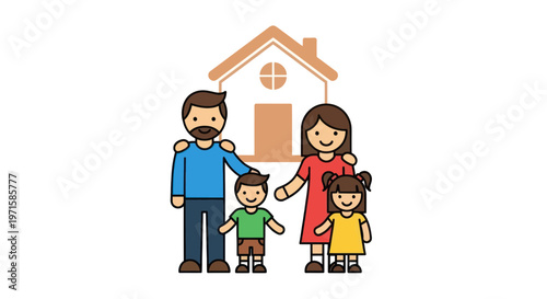 Happy family standing in front of their home smiling parents and two children
