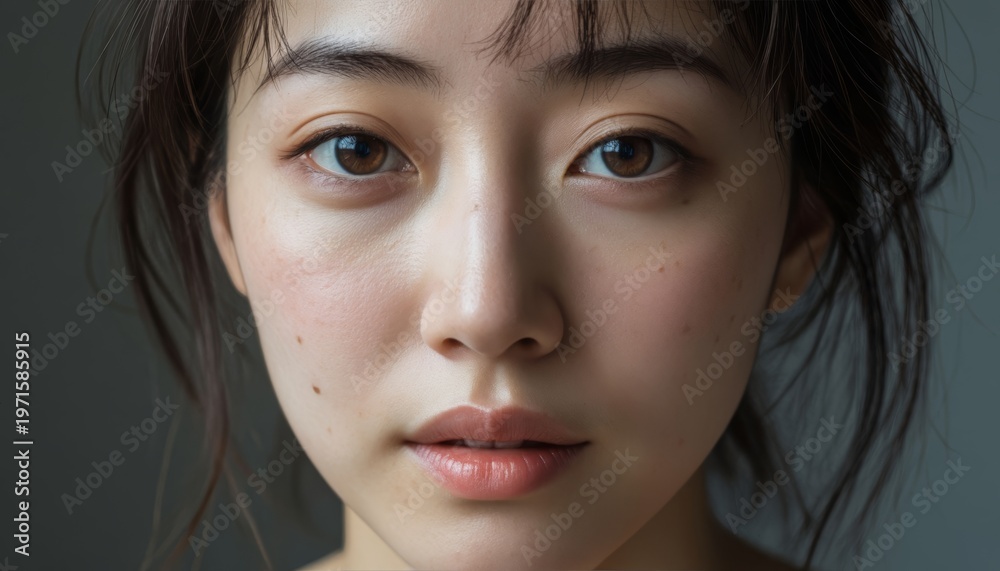 Fototapeta premium A young woman with natural makeup looks directly at the camera, showcasing her clear skin and soft features. The woman's expression is calm and serene in the soft lighting.