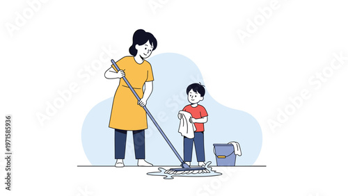 Mother and son working together to mop the floor in a clean home environment representing family cooperation and teaching household chores.