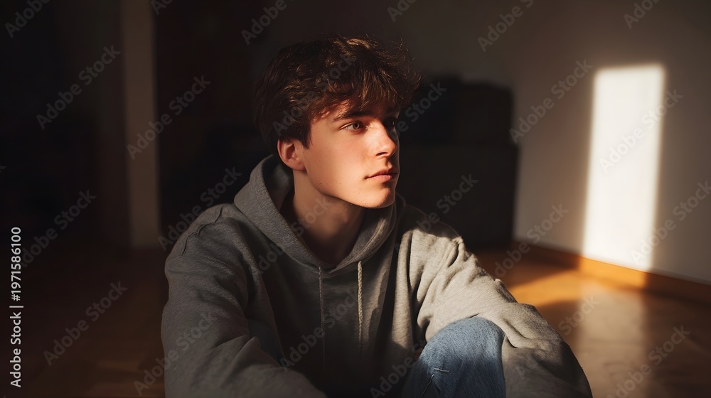 Obraz premium A focused young individual sits in a sunlit room with dramatic light and shadow looking contemplatively away