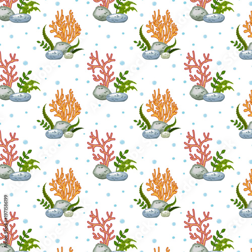Underwater corals and algae on a white background.Vector seamless pattern with seaweed, stones and corals on a white background.