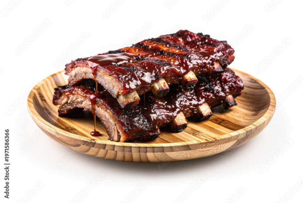 Obraz premium Barbecue Ribs on Bamboo Plate 35 Degree Angle Isolated on White Background Studio Image