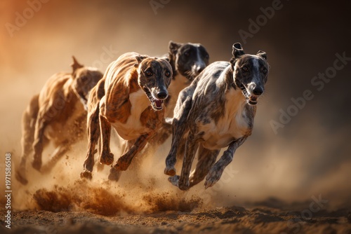 Fast greyhounds competing in a dusty race track