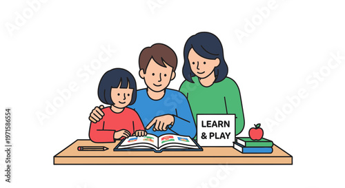 Parents helping child with homework at desk with books and apple