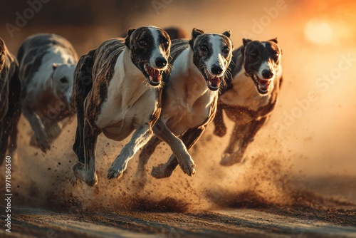 Intense greyhound racing competition in a stadium