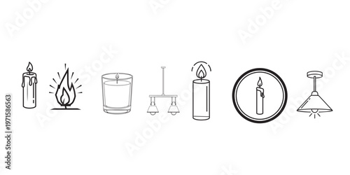 Black and white sketch of various lighting fixtures and candles