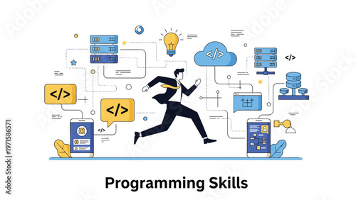 Professional man running through a complex network of programming symbols, server icons, and digital gadgets representing coding skills growth.