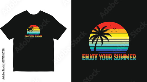 Vintage sunset palm tree t shirt design enjoy your summer vibes
