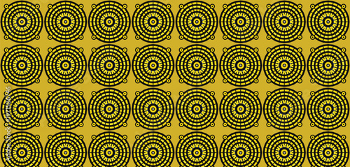 Geometric circular seamless pattern, abstract black concentric rings on mustard yellow background, modern retro style decorative design, repeating texture