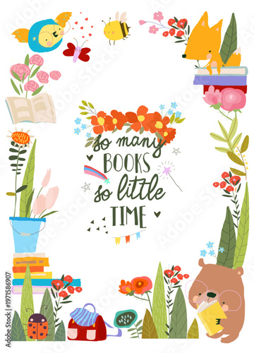 Tableau sur toile Cute Floral Frame Composed of Animals Reading Books