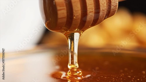 Honey dripping from honey dipper stick.