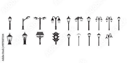 Title collection of black and white street lamp silhouettes on a white background description a diverse set of street lamp designs are