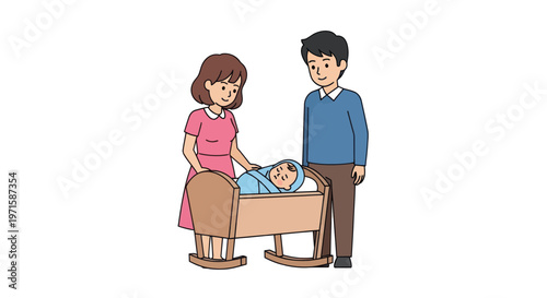 Happy parents standing beside cradle with sleeping baby family bonding moment love and care