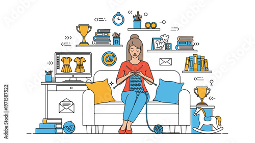 Woman knitting a blue scarf while sitting on a comfortable sofa in a room filled with craft supplies, books, and creative hobby items on shelves.