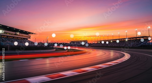 A professional racing circuit glows with vibrant red and pink lights under a stunning sunset sky. The curved track features modern stadium seating and bright floodlights.