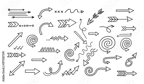 Collection of black and white hand drawn arrows in various shapes and styles