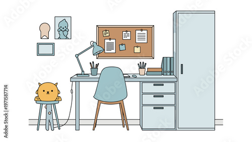 Neat and organized home office workspace with a light blue chair, desk, lamp, file folders, and a bulletin board with notes on a white wall.