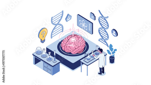 Isometric lab illustration of a scientist researching a giant brain with dna strands, chemical flasks, and light bulbs for scientific study.