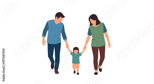 Parents holding hands with child walking together in a happy family moment
