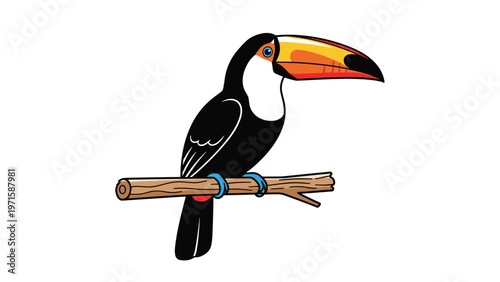 Brightly colored toucan bird with a large orange and yellow beak perched calmly on a simple wooden branch against a plain white background.