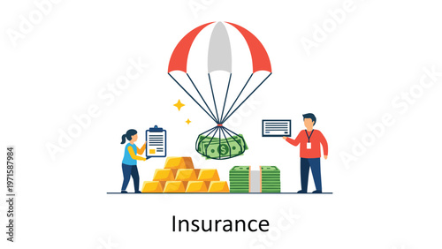 Financial insurance concept with a large parachute delivering money and gold to people representing security, safety, and wealth protection.