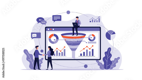 Professional marketers analyze digital sales funnel data and business performance metrics on a large screen for optimized strategy.