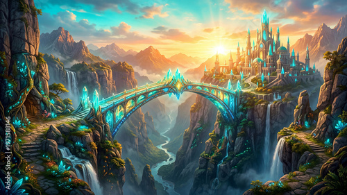 Crystal Bridge Leading to Radiant Mountain City at Sunrise Fantasy Landscape
