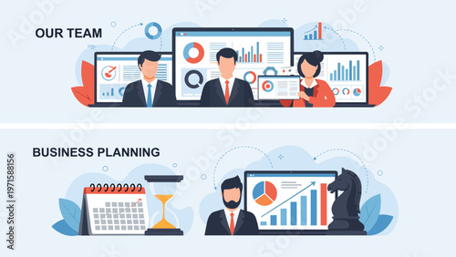 Corporate banners for team introduction and strategic business planning feature professional avatars alongside dynamic data charts.