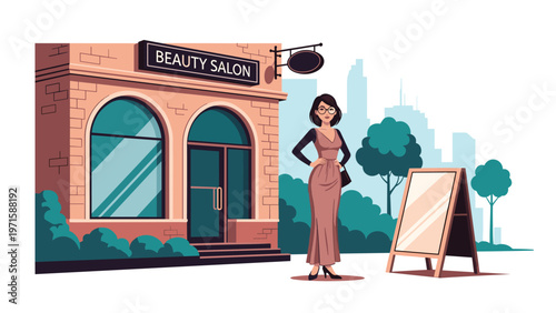 Fashionable woman stands confidently outside a modern beauty salon building with a chalkboard menu on a sunny metropolitan street.