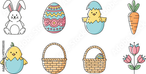 A wonderful selection of festive cartoon Easter holiday icons showcasing a delightful bunny, hatched chicks, intricately decorated eggs, essential baskets, fresh carrots, and blooming spring flowers.