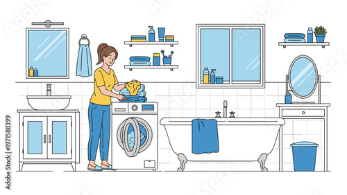 Young woman manages household chores by loading a modern washing machine in a clean and organized contemporary bathroom setting.