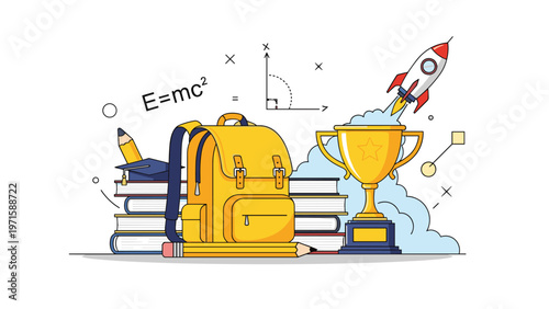 School supplies including a yellow backpack and books are shown next to a trophy and a launching rocket to symbolize student success.